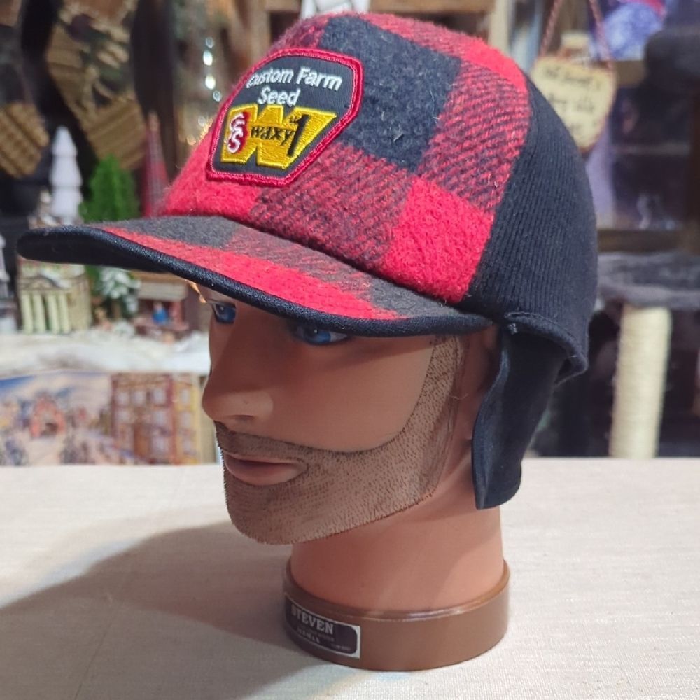 vintage red and black buffalo plaid wool lumberjack farm hat with ear flaps‎ - Picture 1 of 7